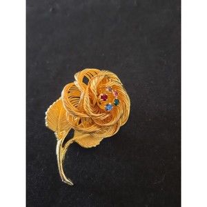 Wire Rose Brooch Gold Tone